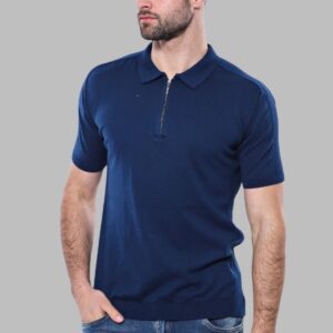 Polo Neck Plain Blue Knitted T-Shirt - Wessi