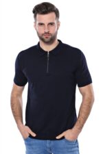 Polo Neck Plain Navy Knitted Blue Men T-Shirt