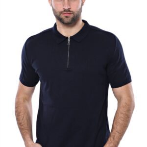 Polo Neck Plain Navy Knitted Blue Men T-Shirt - Wessi