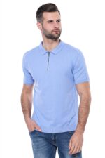 Polo Neck Plain Sky Blue Knitted T-Shirt