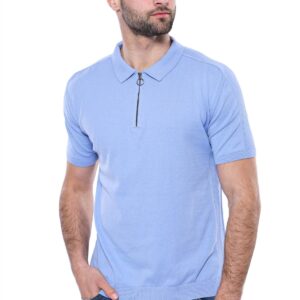 Polo Neck Plain Sky Blue Knitted T-Shirt - Wessi