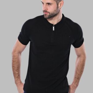 Polo Zippered Patterned Black Knitted T-Shirt - Wessi