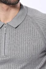Polo-Zippered-Patterned-Grey-Knitted-T-Shirt-Wessi-1