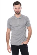Polo Zippered Patterned Grey Knitted T-Shirt