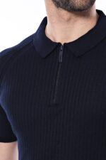 Polo-Zippered-Patterned-Knitted-Navy-Blue-Men-T-Shirt-Wessi-1