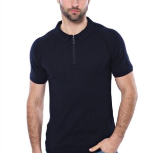 Polo Zippered Patterned Knitted Navy Blue Men T-Shirt - Wessi