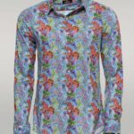 Red Floral Patterned Slim-Fit Long Sleeves Navy Blue Shirt - Wessi