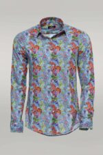 Red Floral Patterned Slim-Fit Long Sleeves Navy Blue Shirt