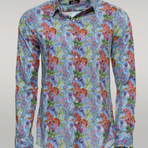 Red Floral Patterned Slim-Fit Long Sleeves Navy Blue Shirt - Wessi