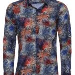 Red Leaf Patterned Navy Blue Men Shirt - Wessi
