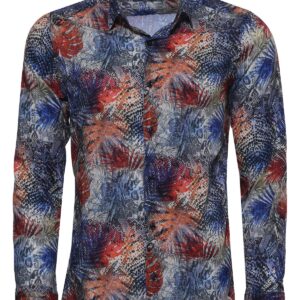 Red Leaf Patterned Navy Blue Men Shirt - Wessi