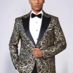 Root Pattern Peak Lapel Black Men Stage Performance Tuxedo  Blazer - Wessi