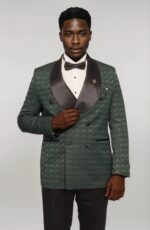 Satin Shawl Collar Patterned Double Breasted Dark Green Men Tuxedo Suit