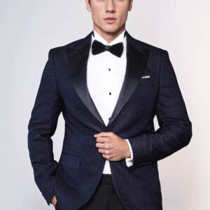 Satin Shawl Lapel Textured Men's Navy Blue Tuxedo Jacket - Wessi