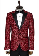 Scroll Patterned Burgundy Men Stage Tuxedo  Blazer