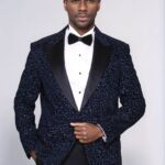 Scroll Patterned Navy Blue Men Wedding Tuxedo Blazer - Wessi