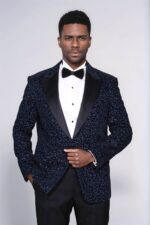 Scroll Patterned Navy Blue Men Wedding Tuxedo Blazer