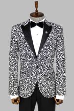 Scroll Patterned White Men Party Blazer