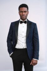 Sequin Dot Patterned Navy Blue Men Stage Tuxedo Blazer