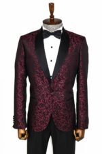 Shawl Lapel Floral Patterned Burgundy Men Wedding Tuxedo Blazer