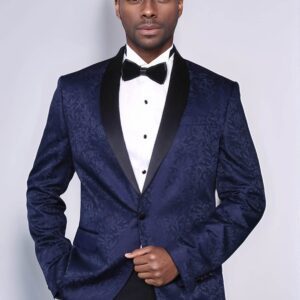 Shawl Lapel Floral Patterned Navy Blue Men Tuxedo Evening Blazer - Wessi