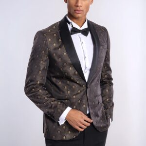 Shawl Lapel Gold Dot Patterned Over Black Men Tuxedo Blazer - Wessi