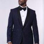 Shawl Lapel Navy Blue Men Sparkly Blazer - Wessi