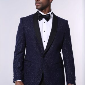 Shawl Lapel Navy Blue Men Sparkly Blazer - Wessi