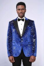 Shimmering  Silver Rose Patterned Over Blue Men Stage Tuxedo  Blazer