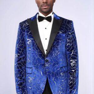 Shimmering  Silver Rose Patterned Over Blue Men Stage Tuxedo  Blazer - Wessi