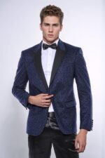 Shiny Dot Patterned Navy Blue Men Party Blazer