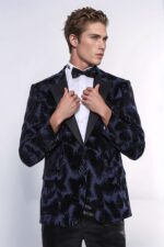 Shiny Leaf Patterned Navy Blue Men Tuxedo Party  Blazer