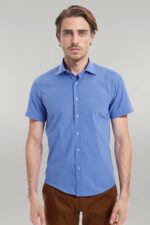 Short Sleeve Poly Cotton Slim Fit Blue Men Shirt