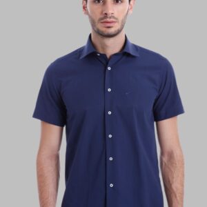 Short Sleeve Poly Cotton Slim Fit Navy Blue Men Shirt - Wessi