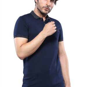Short Sleeves Neck Patterned Navy Blue Men Polo Shirt