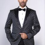 Silver Diamond Pattern Over Black Men Party Tuxedo Blazer - Wessi
