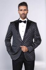 Silver Diamond Pattern Over Black Men Party Tuxedo Blazer