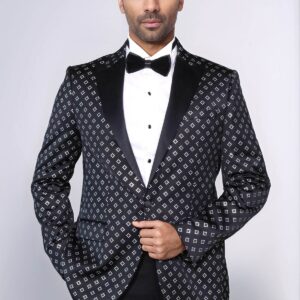 Silver Diamond Pattern Over Black Men Party Tuxedo Blazer - Wessi