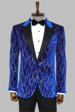 Silver Patterned Blue Men Performers Tuxedo Jackets