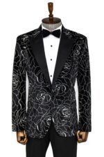 Silver Rose Patterned Over Green Velvet Men Dazzle Jackets