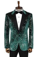 Silver Rose Patterned Over Green Velvet Men Dazzle Jackets