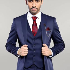 Single Button Dark Blue Vested Suit | Wessi