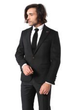 Single Button Pointed Collar Black Blazer