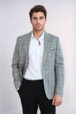 Single Button Pointed Collar Light Blue Blazer