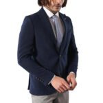 Single Button Pointed Collar Navy Blue Blazer - Wessi