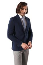 Single Button Pointed Collar Navy Blue Blazer