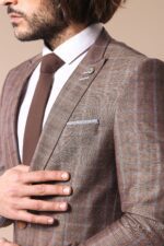 Single-Button-Pointed-Collar-Plaid-Brown-Jacket-Wessi-1