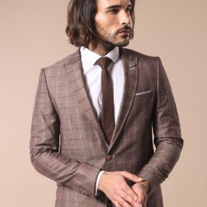 Single Button Pointed Collar Plaid Brown Jacket-Wessi