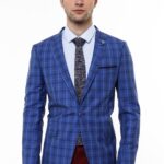 Single Button Pointed Collar Plaid Navy Blue Jacket-Wessi