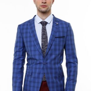 Single Button Pointed Collar Plaid Navy Blue Jacket-Wessi